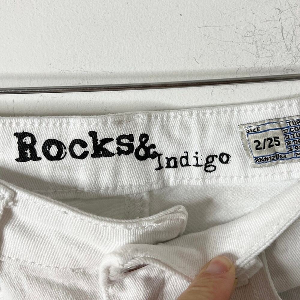 Rocks & Indigo Women's Embroidered Skinny Jeans 2/25 White Denim Raw Hem Stretch - Picture 6 of 7